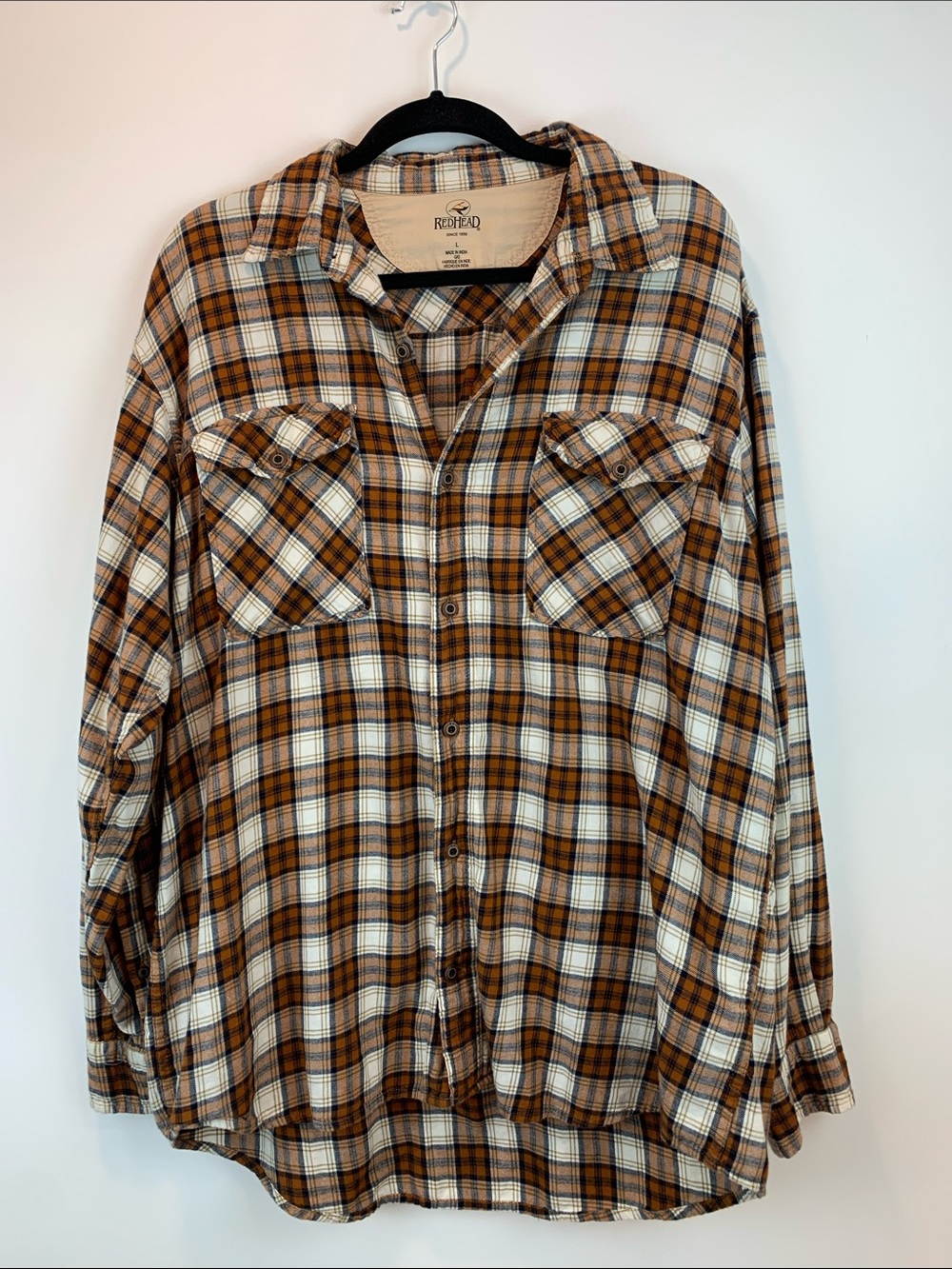 Orange plaid flannel by Red Head sz L casual fall outdoor engagement photo - Picture 1 of 5